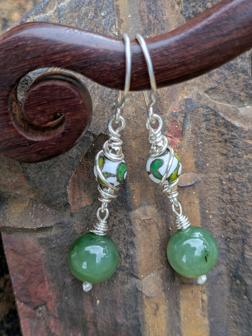 Artisan Jade Earrings-Natural Gemstone and Vintage Cloisonne In Sterling Silver - Picture 7 of 14